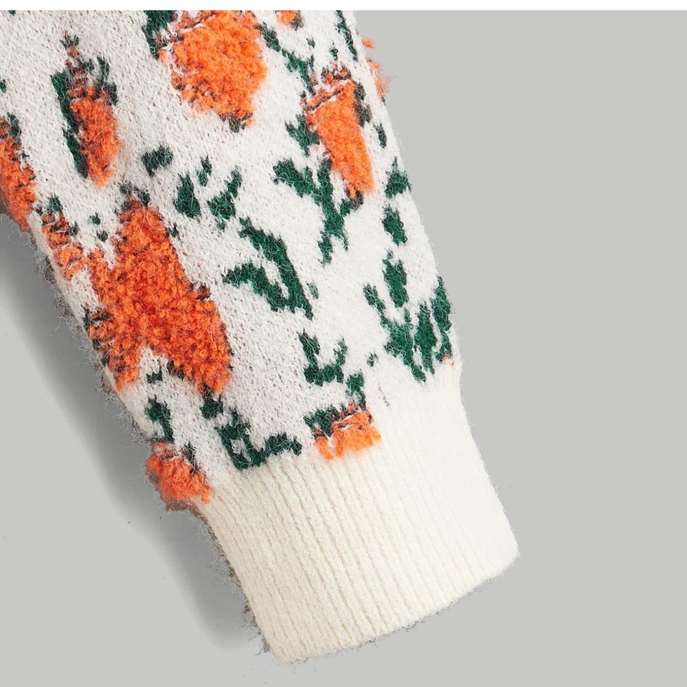 Cream and Orange Floral V-Neck Cropped Cardigan Sweater Large - Picture 11 of 12